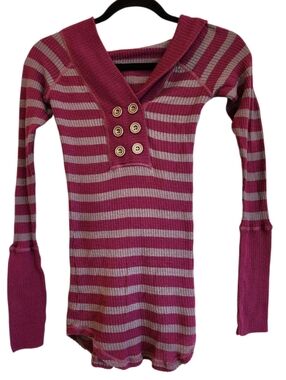 Vintage Free People Magenta/Gray Stripe Hoodie/Henley Size S 90's Bella Swan Y2K